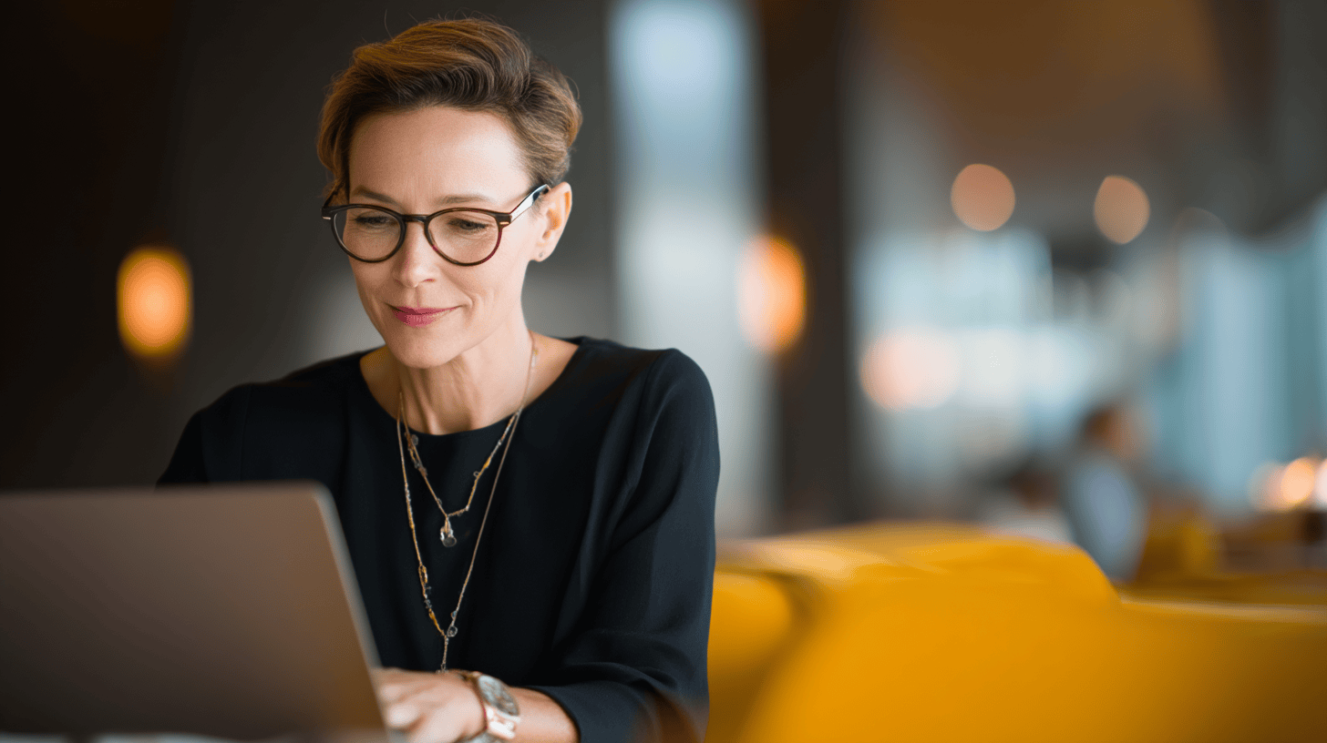 A woman with short hair and glasses smiles while typing on a laptop in a bright café setting. Soft lighting in the background.