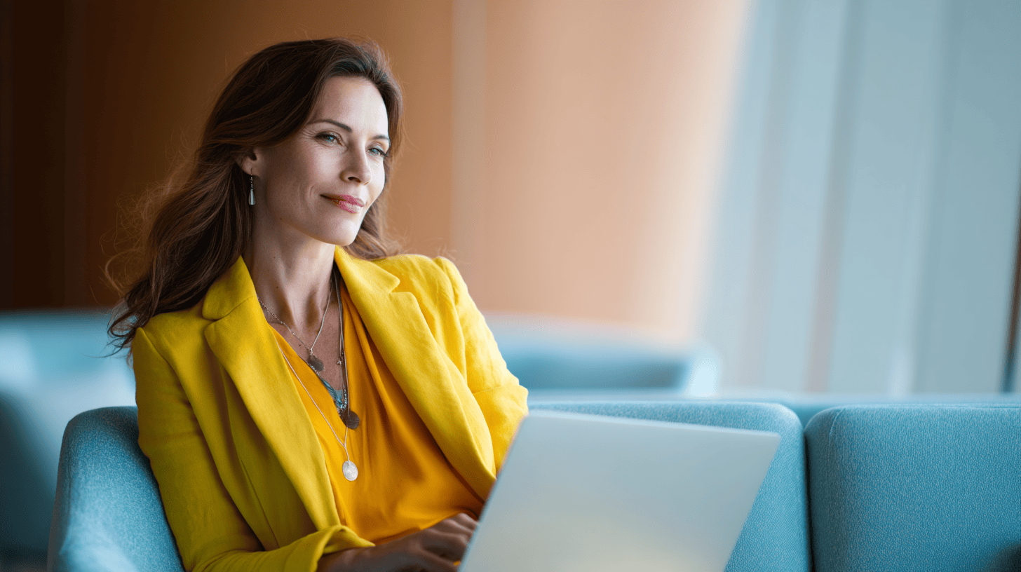 A woman in a bright yellow blazer sits on a blue couch, looking thoughtfully at her laptop in a modern space.