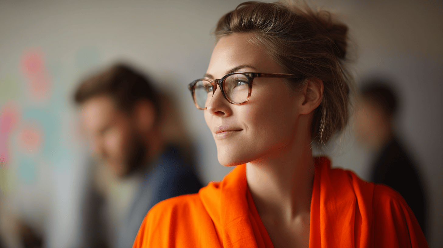 A woman in an orange robe and glasses smiles softly, with a blurred figure in the background.
