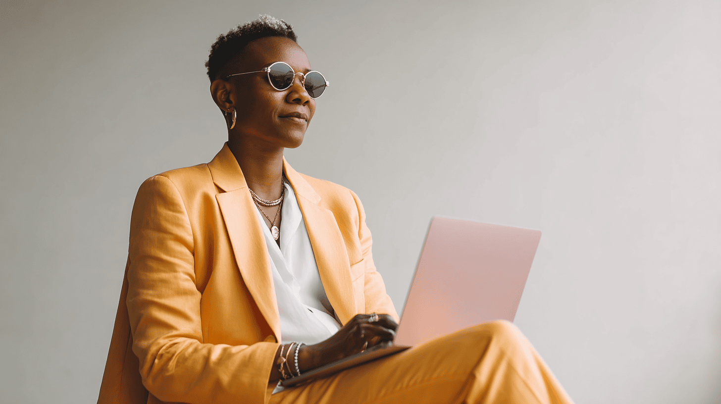 A person in a bright orange suit and sunglasses sits with a laptop, looking thoughtfully off to the side.