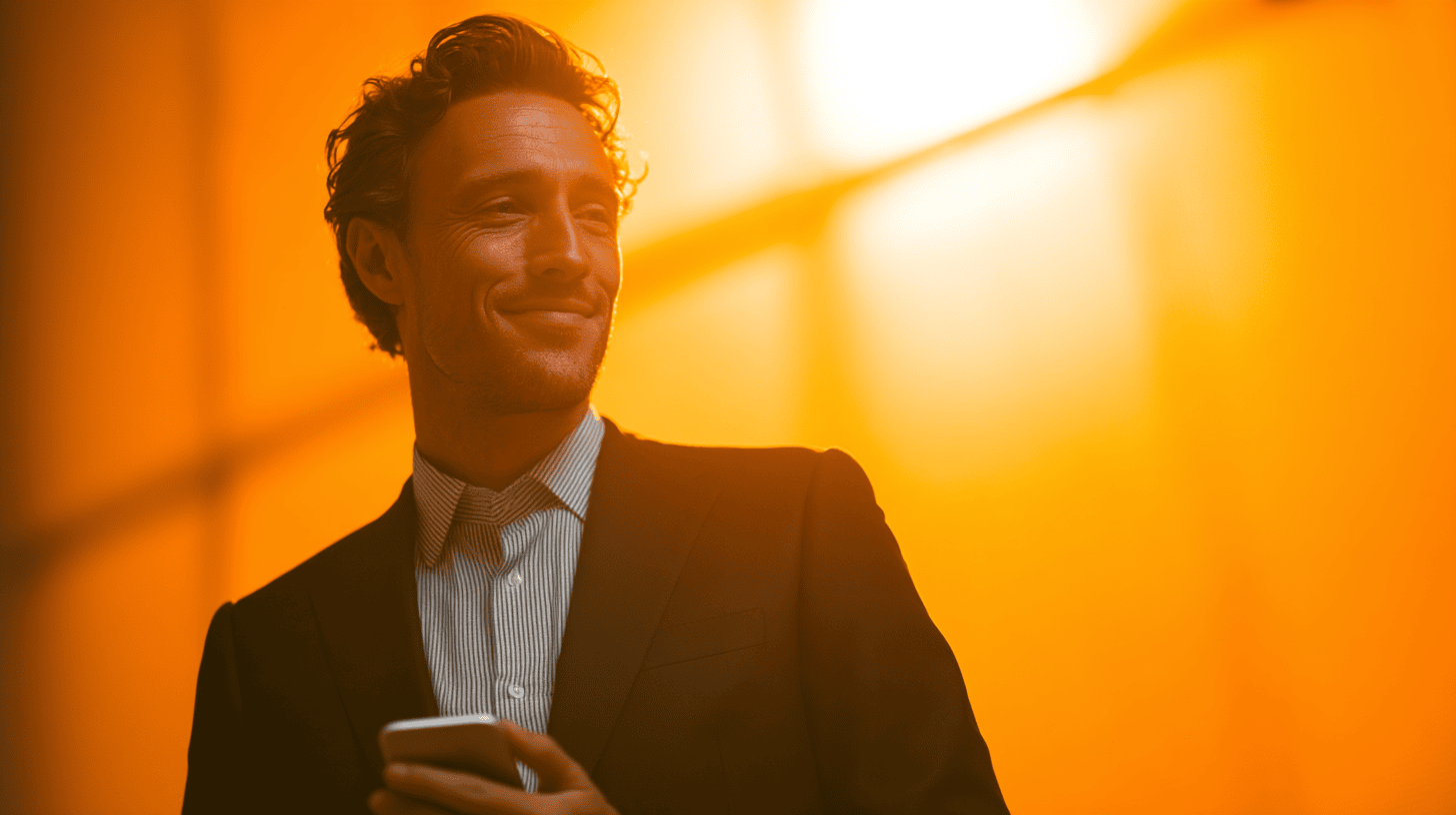 A smiling man in a suit holds a smartphone, illuminated by a warm orange glow.