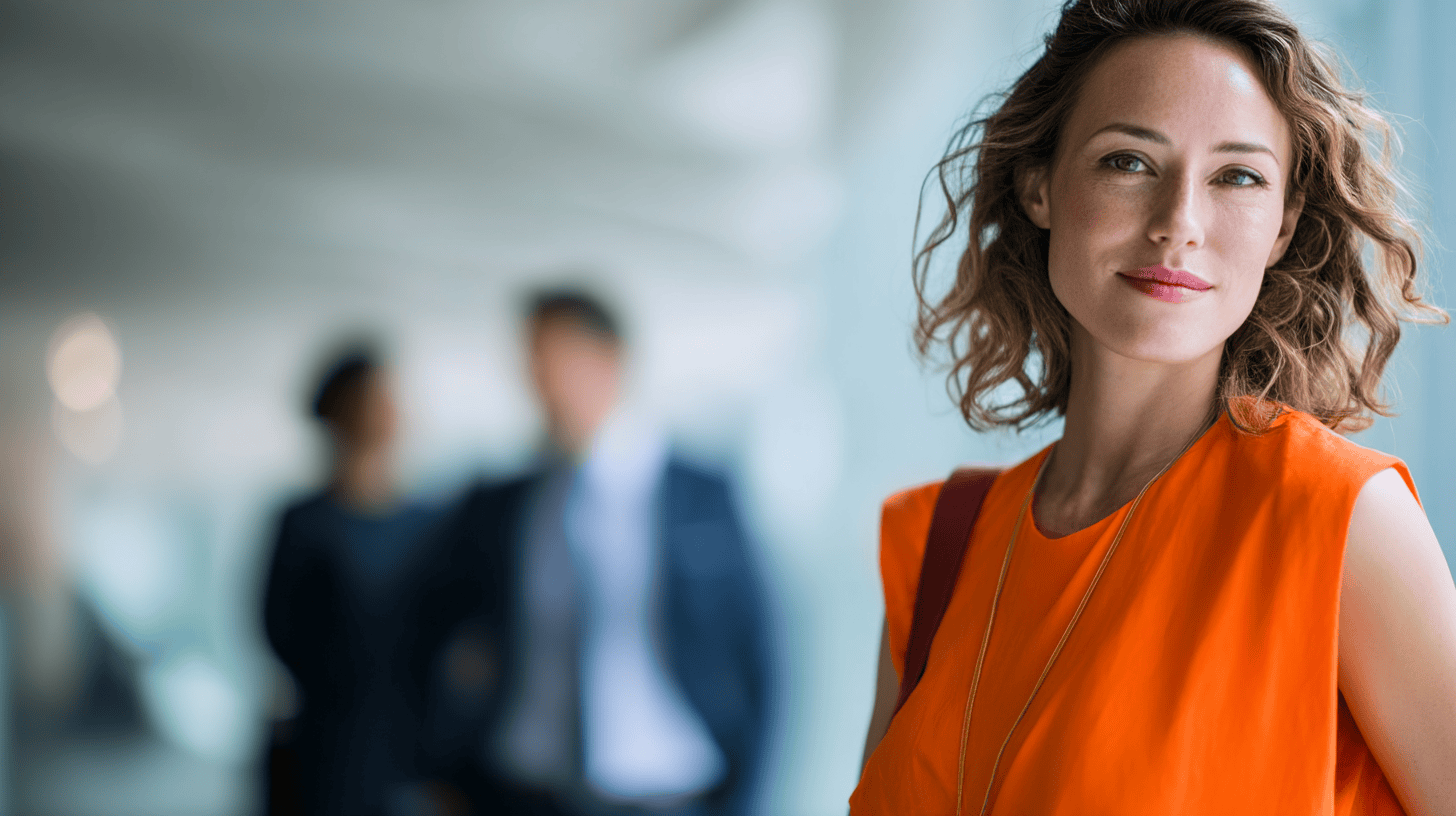 A woman in an orange dress smiles confidently, with two blurred figures in business attire in the background.