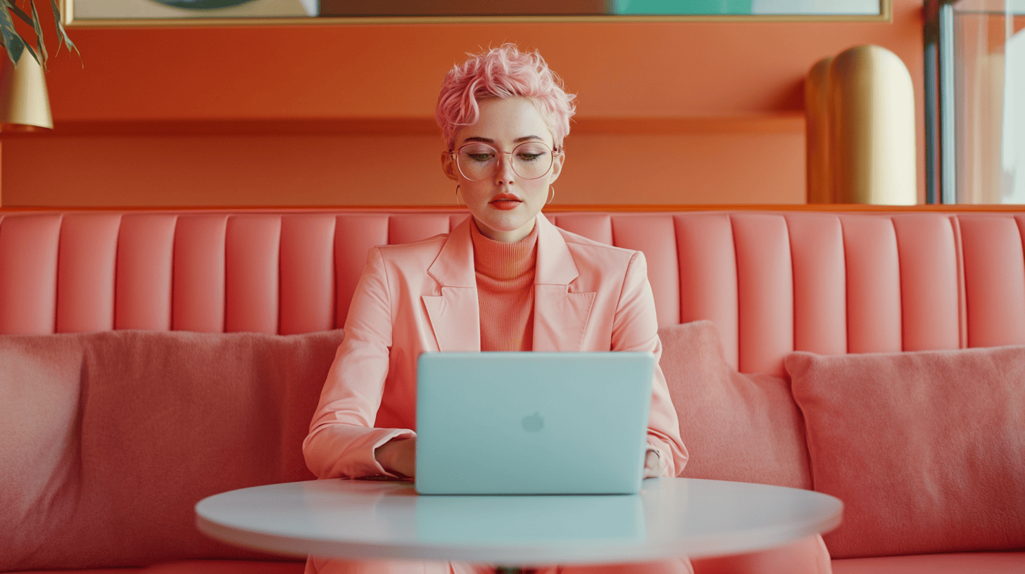 A woman with pink hair in a pink suit sits at a table, using a laptop in a modern, colorful cafe setting.
