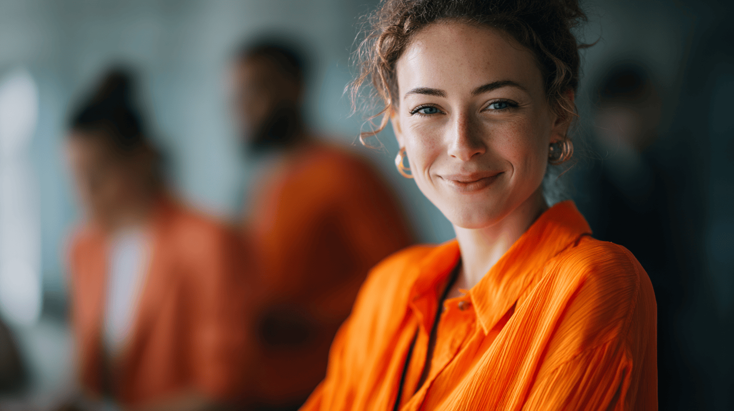 A smiling woman in an orange shirt stands in a bright, modern space with blurred figures in the background.