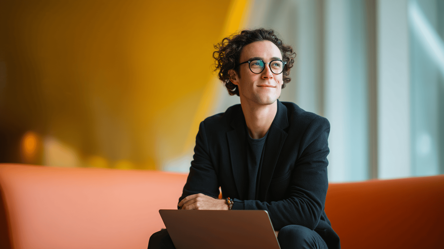 A young man with curly hair and glasses sits on an orange couch, smiling and looking thoughtfully. A laptop is in front of him.