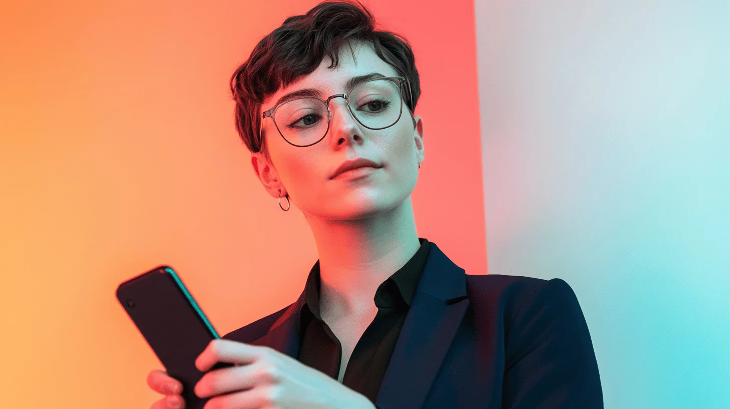 A young person with short hair and glasses holds a smartphone, set against a colorful background of orange and blue.