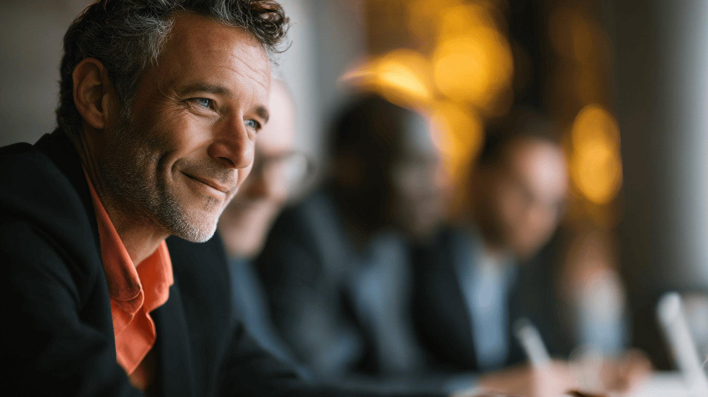 A smiling man in a suit sits at a table, with blurred colleagues in the background and warm lights.