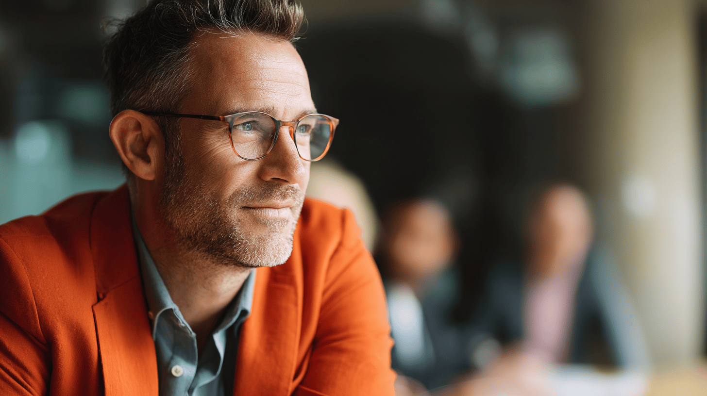 A man in an orange blazer and glasses thoughtfully gazes into the distance, with blurred figures in the background.
