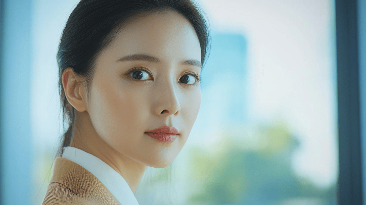 A close-up portrait of a woman with dark hair, wearing a light-colored blazer, against a softly blurred background.
