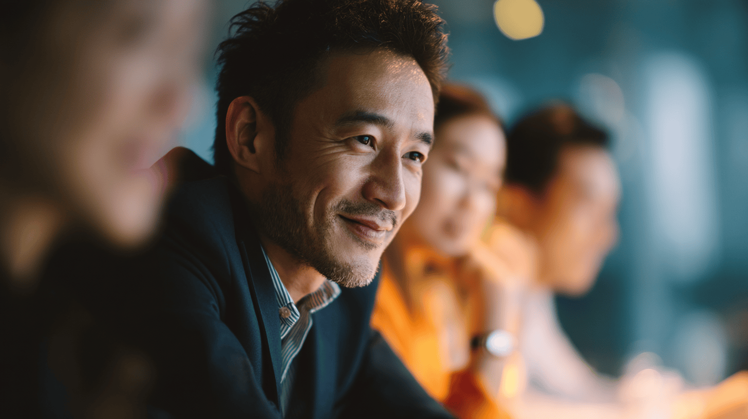 A smiling man in a suit sits at a table with three colleagues, all engaged in conversation, in a modern setting.