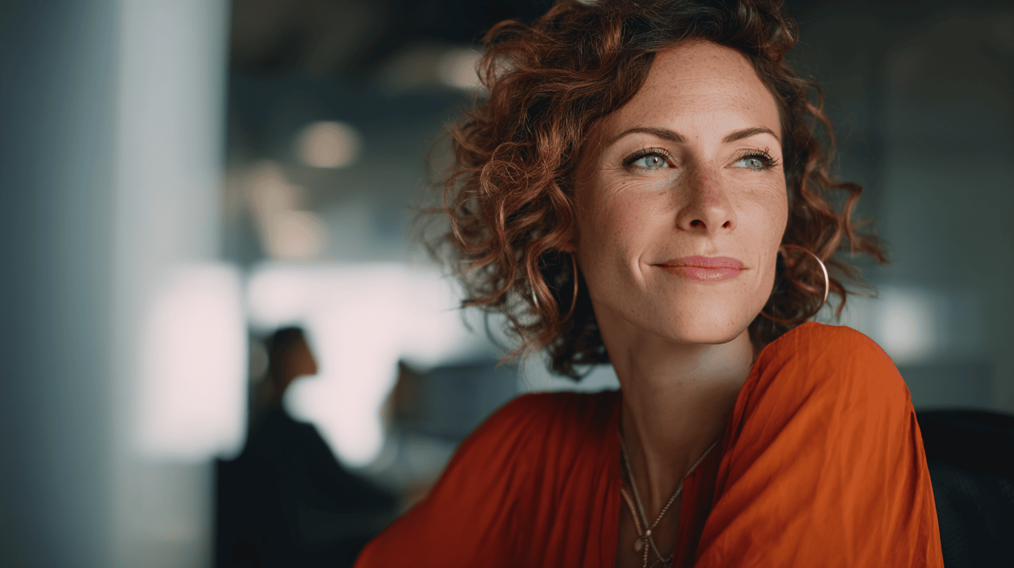 A woman with curly hair and earrings smiles softly, wearing an orange top in a bright office environment.