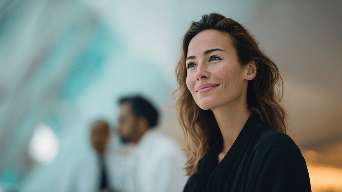 A smiling woman with wavy hair is in focus, with two blurred individuals in the background. Soft, modern setting.