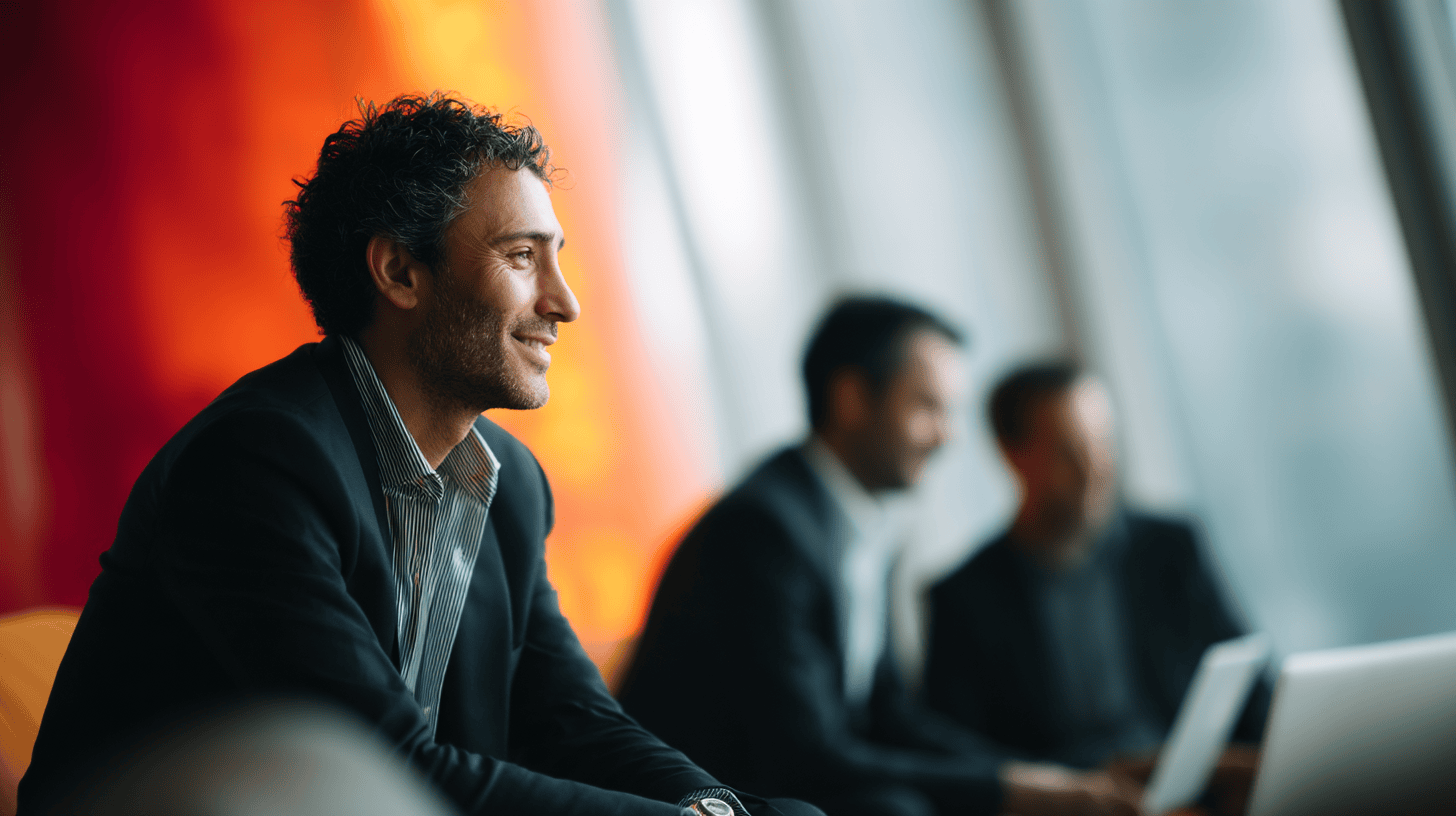 A smiling man in a suit sits in front of a colorful background, while two colleagues work on a laptop in the background.