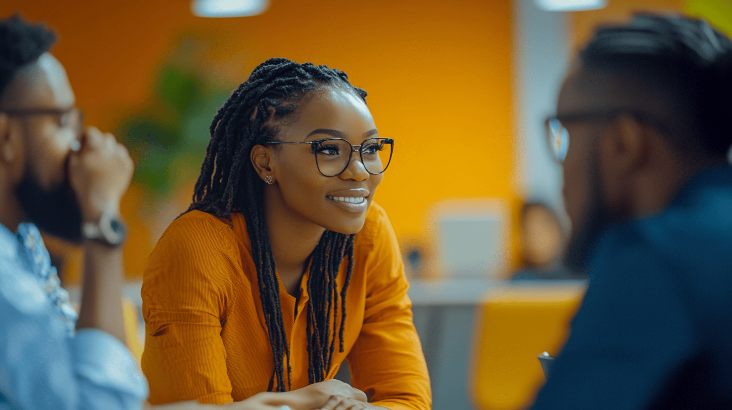 A woman with glasses smiles during a discussion with two others in a brightly colored workspace.