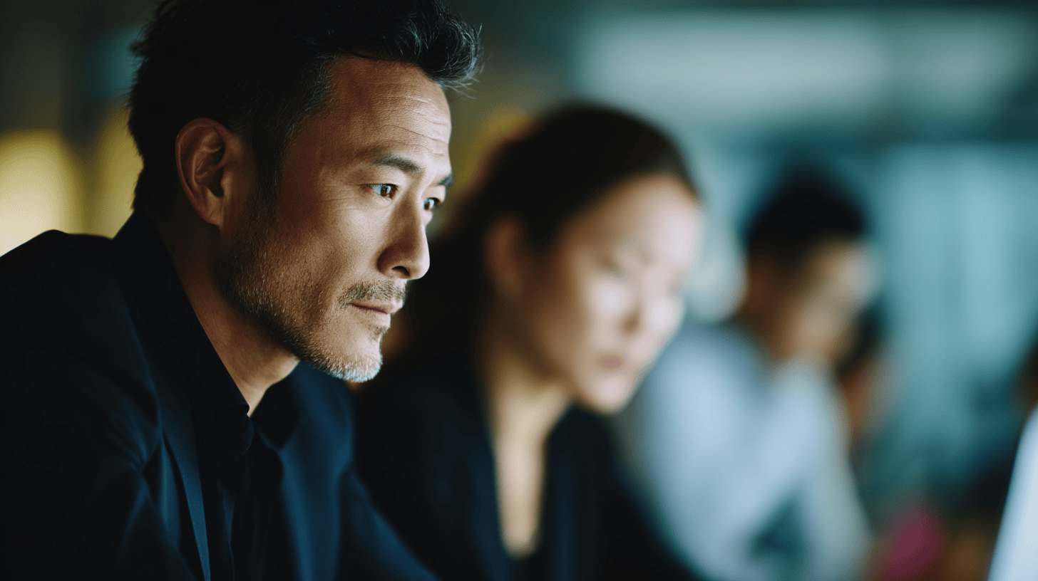A focused man in a suit sits at a table, with two blurred figures in the background. The setting is modern and professional.