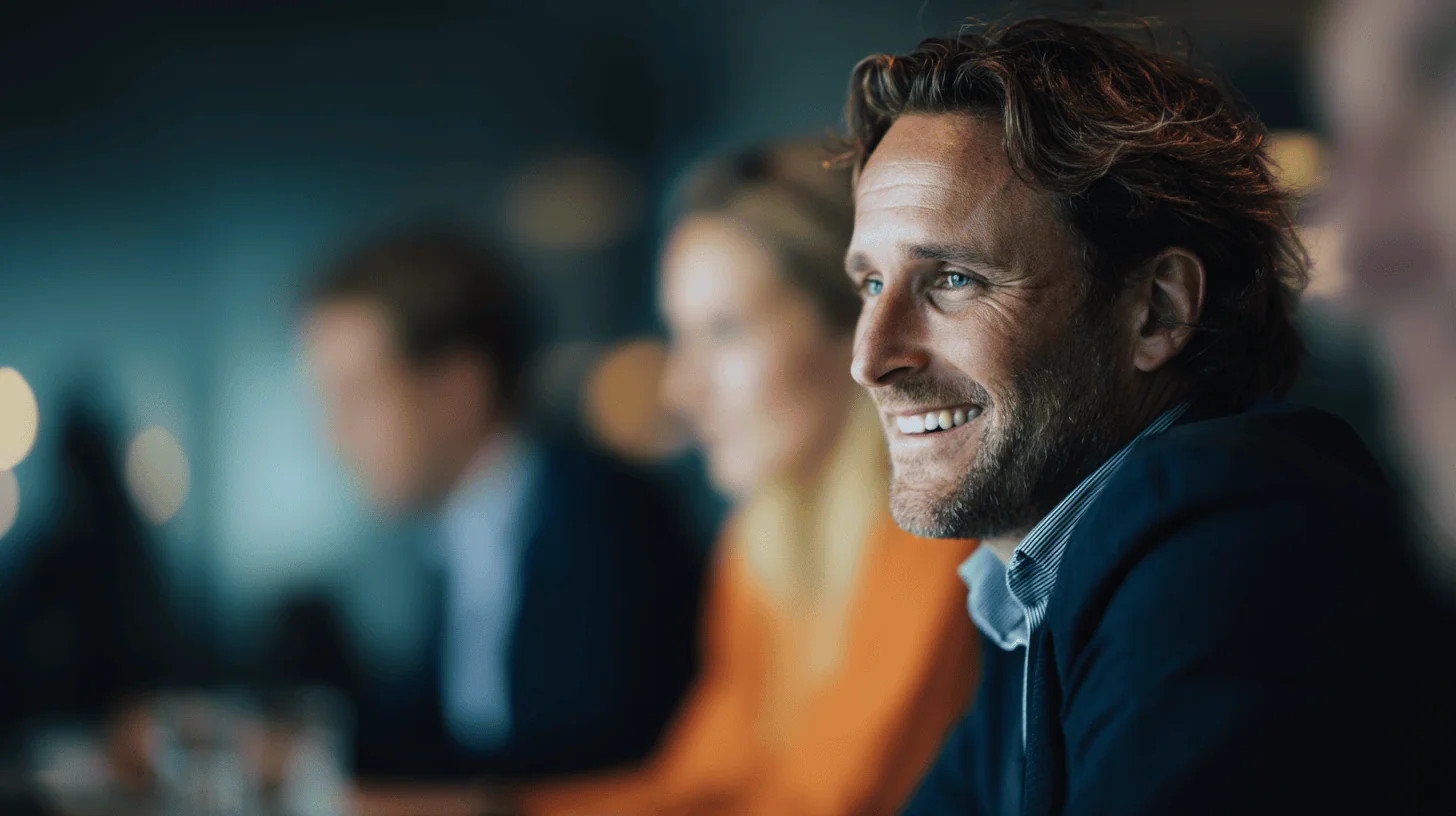 A smiling man with curly hair sits at a table, engaged in conversation with blurred colleagues in a modern setting.