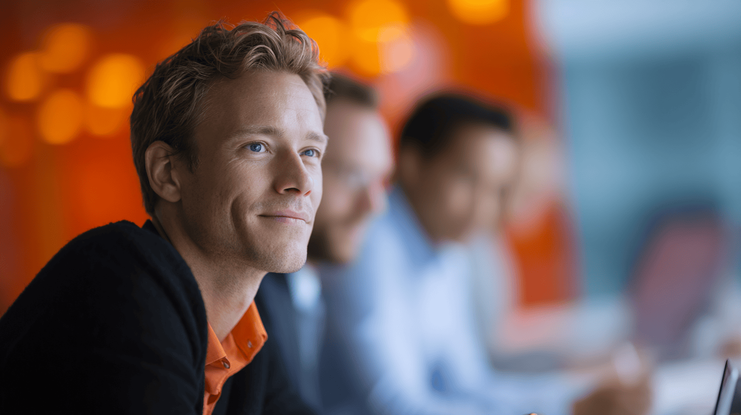 A smiling man with blonde hair sits at a table in a casual meeting, with blurred colleagues in the background and an orange backdrop.