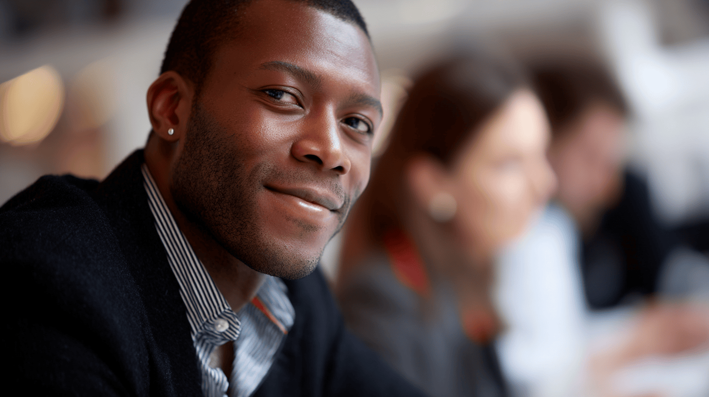 A smiling man in a dark blazer sits at a table with blurred people and a bright background.