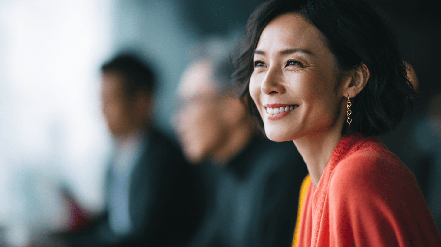 Smiling woman in a vibrant orange sweater, with blurred figures in the background, suggesting a meeting or conversation.