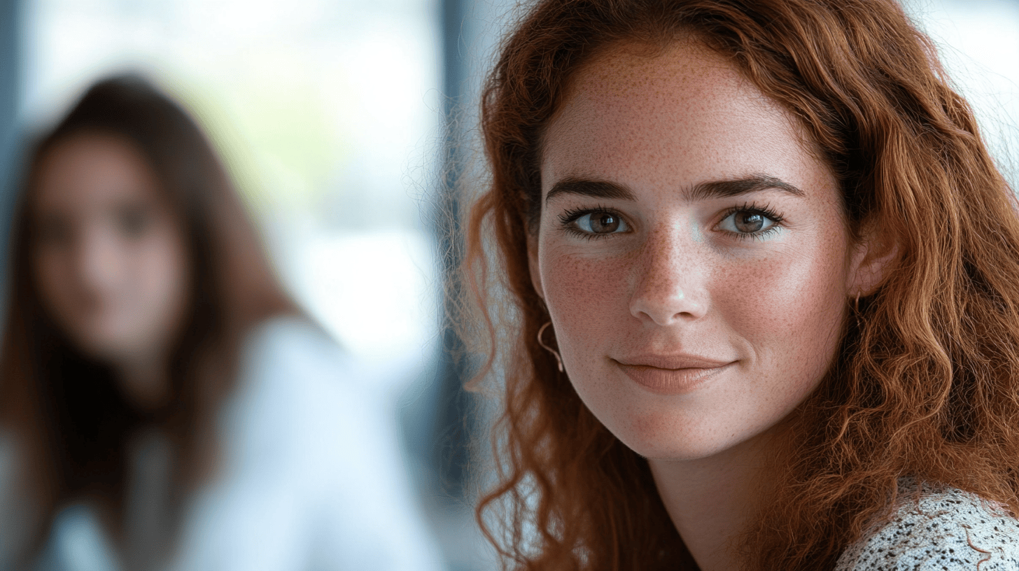 A young woman with curly red hair and freckles smiles softly, with a slightly blurred figure in the background.