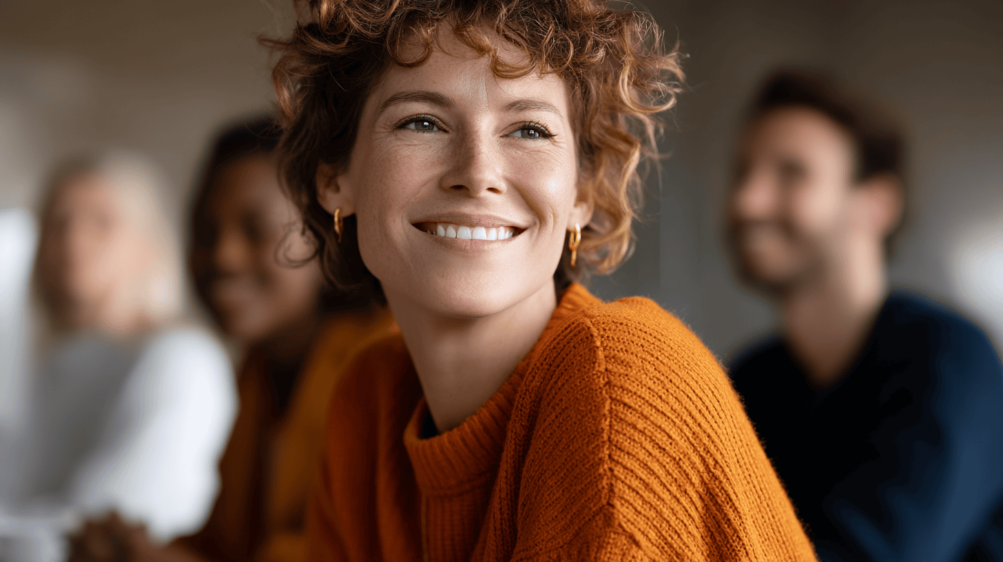 A smiling woman with curly hair and an orange sweater, with blurred figures of three others in the background.