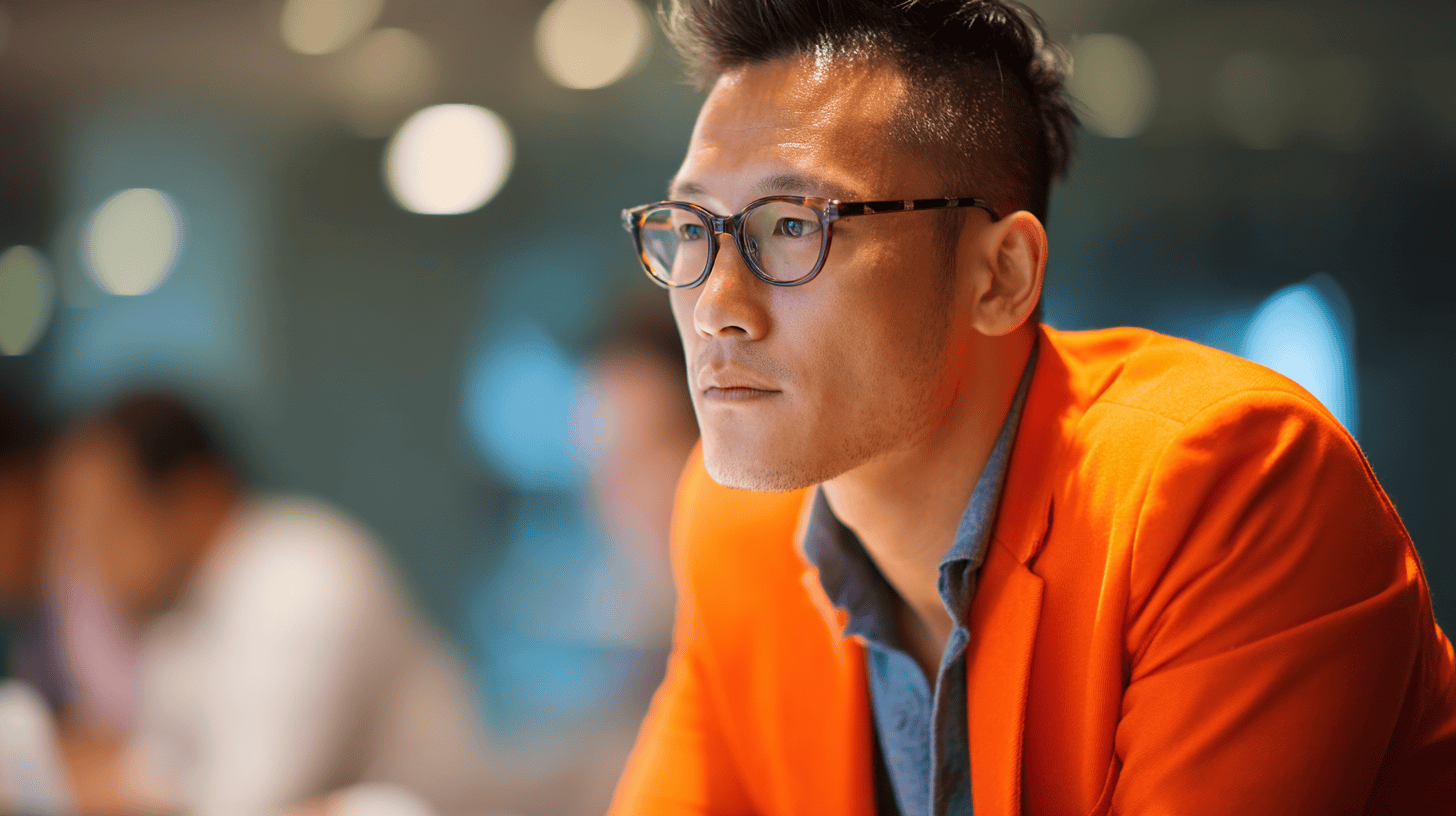 Man in an orange blazer and glasses, focused, with a blurred office background and soft lighting.