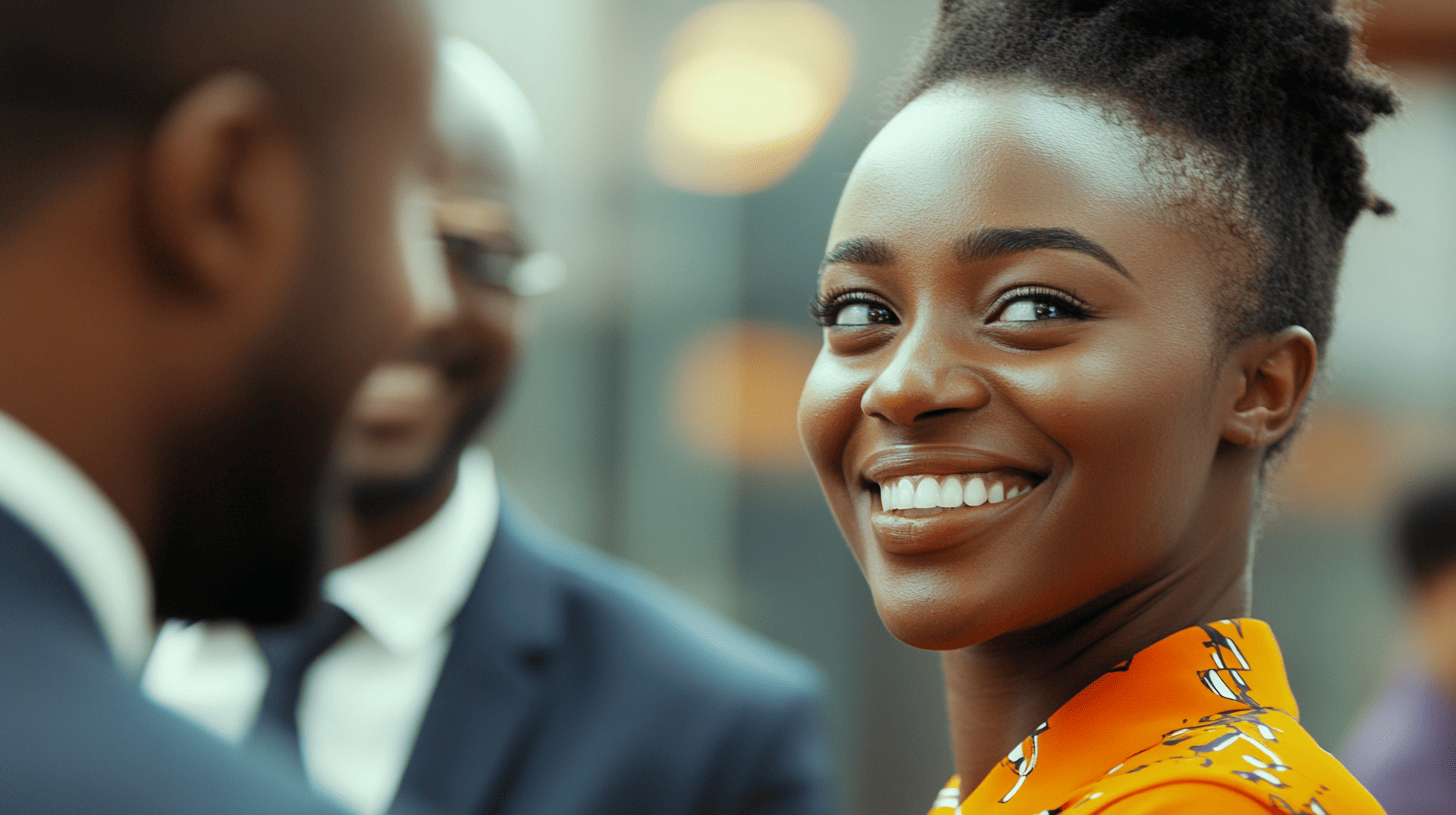 Smiling woman in a vibrant orange dress looks towards two men in suits, with a blurred background of soft lighting.