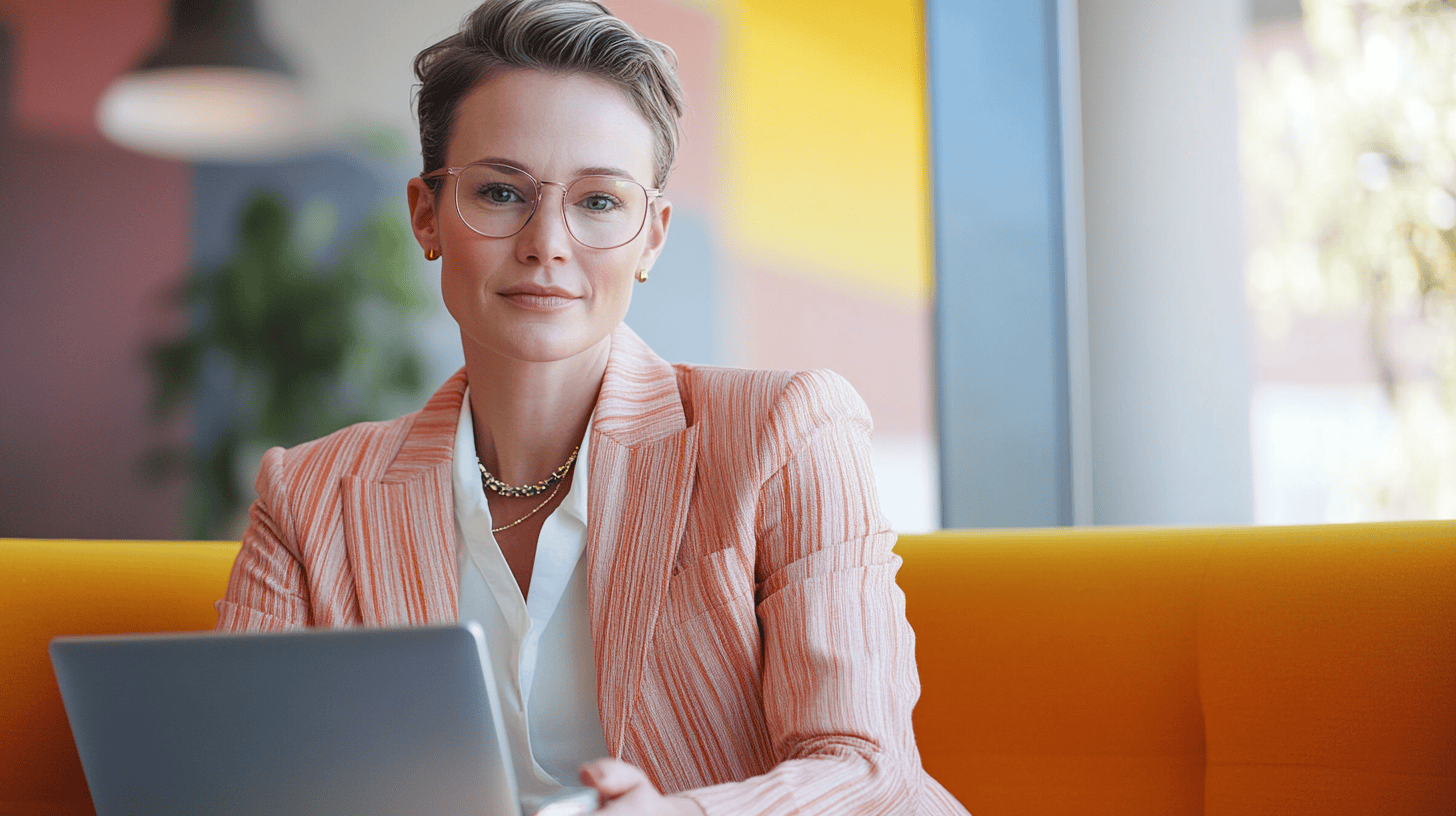 A woman in a striped blazer and glasses sits on a bright orange couch, focused on her laptop.