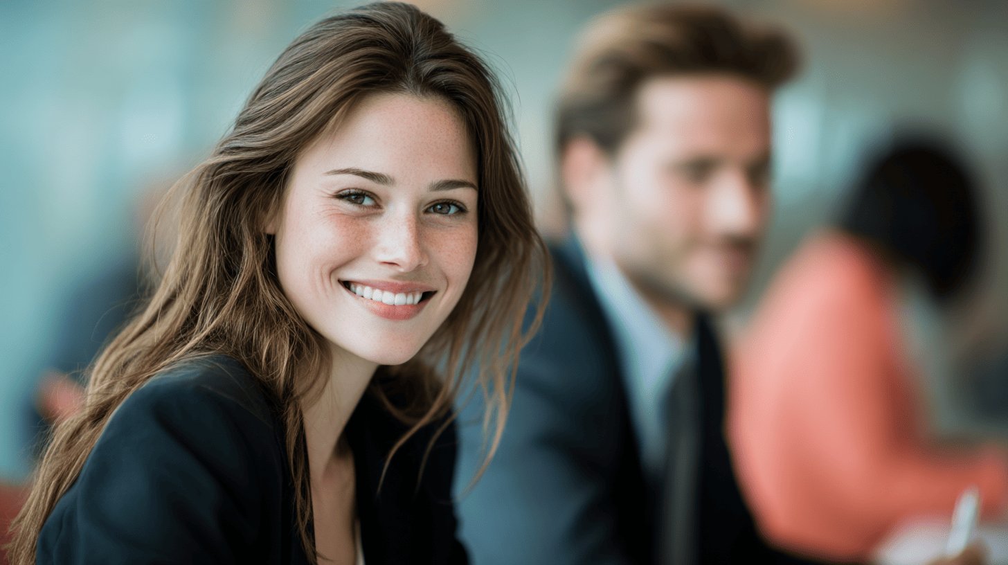 A smiling woman with long hair and a blazer sits at a table, with a blurred man in a suit in the background.
