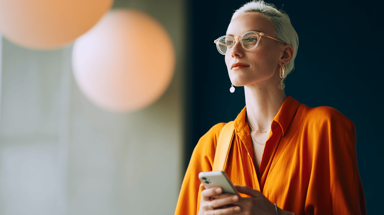 A woman in an orange blouse holds a smartphone, looking away with a neutral expression. Soft lighting and round hanging lamps are visible.