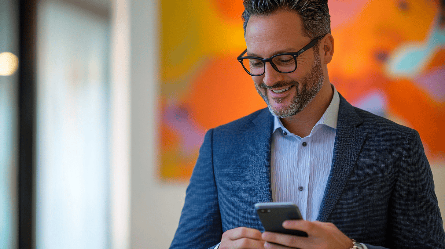 A smiling man in a suit checks his phone, standing in front of a colorful abstract painting.