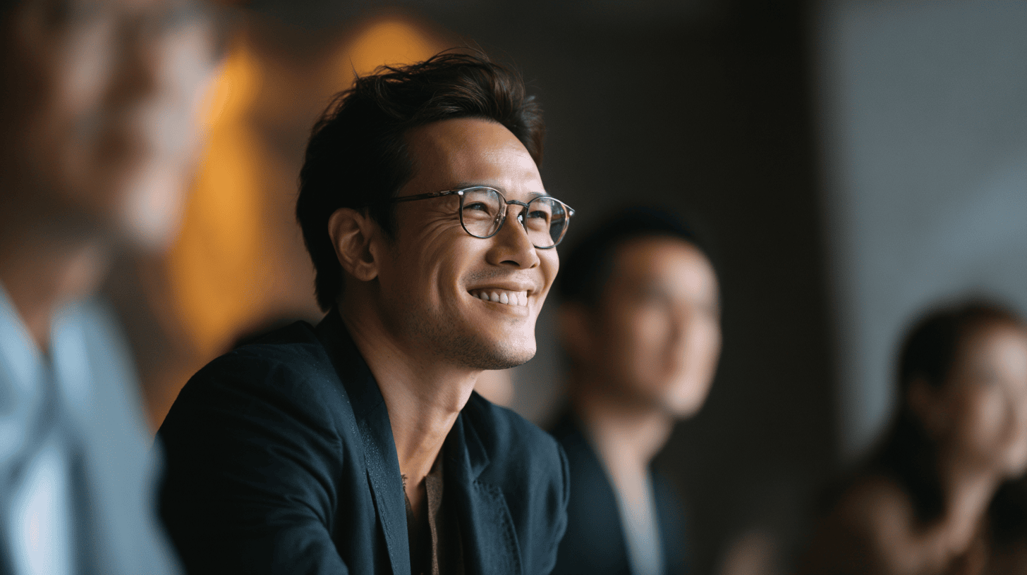 Smiling man in glasses, dressed in a black blazer, seated among blurred figures in a modern setting.