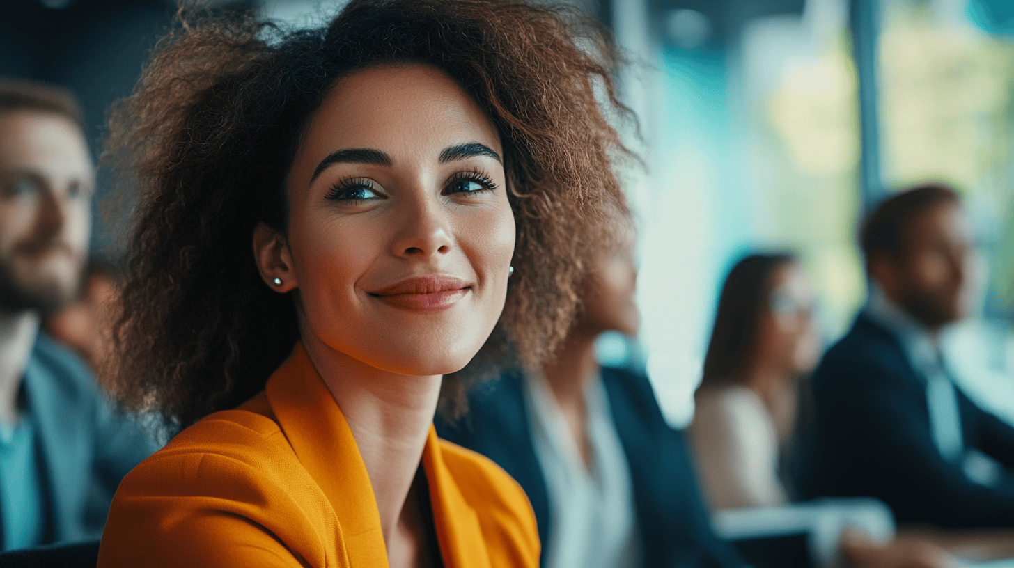A smiling woman with curly hair in an orange blazer is seated among a group of people in a modern meeting space.
