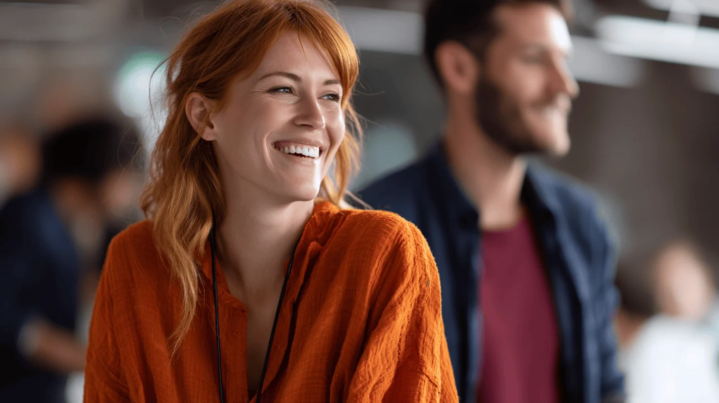 A smiling woman in an orange shirt stands near a man, with a blurred social setting in the background.