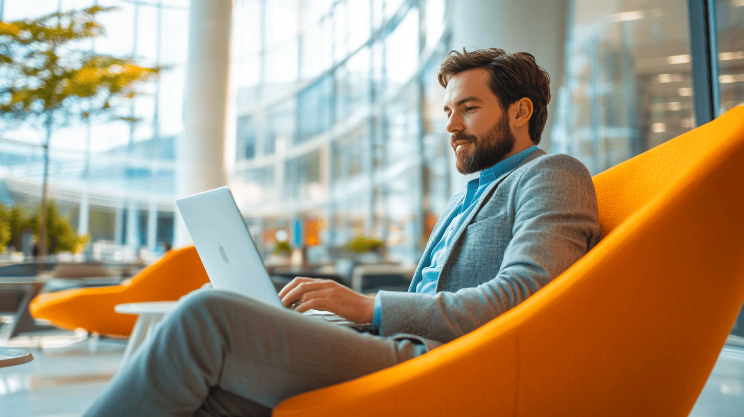 A man in a gray suit works on a laptop while seated in an orange chair in a modern, brightly lit space.