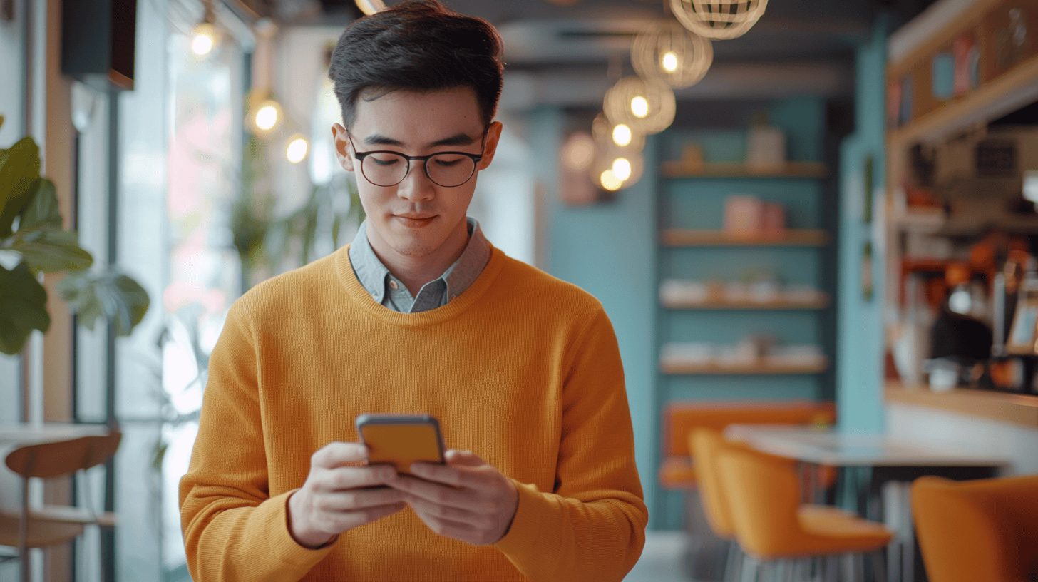 A young man in a yellow sweater checks his phone in a stylish café with modern decor and warm lighting.