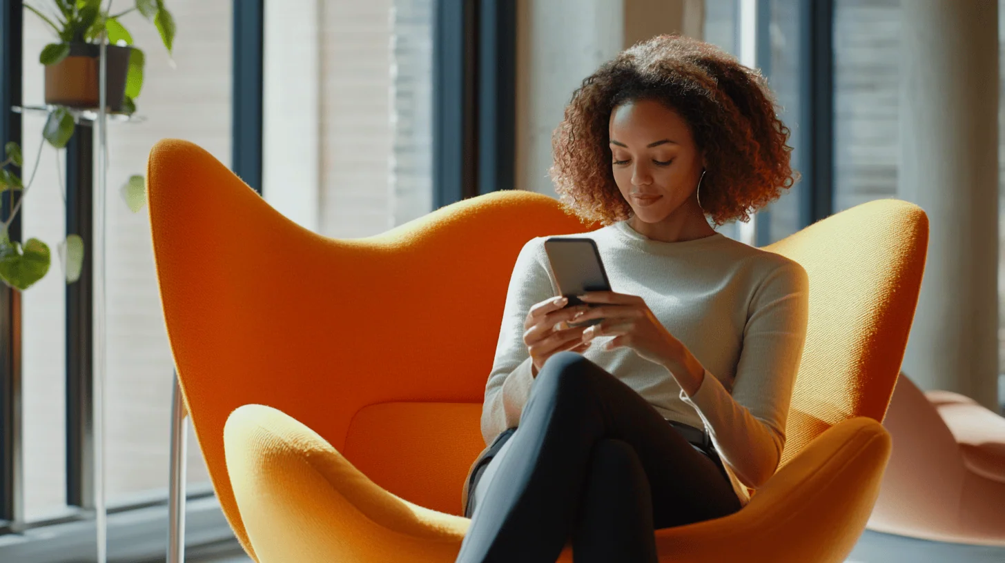 A woman with curly hair sits in an orange chair, looking at her smartphone, with plants and large windows in the background.