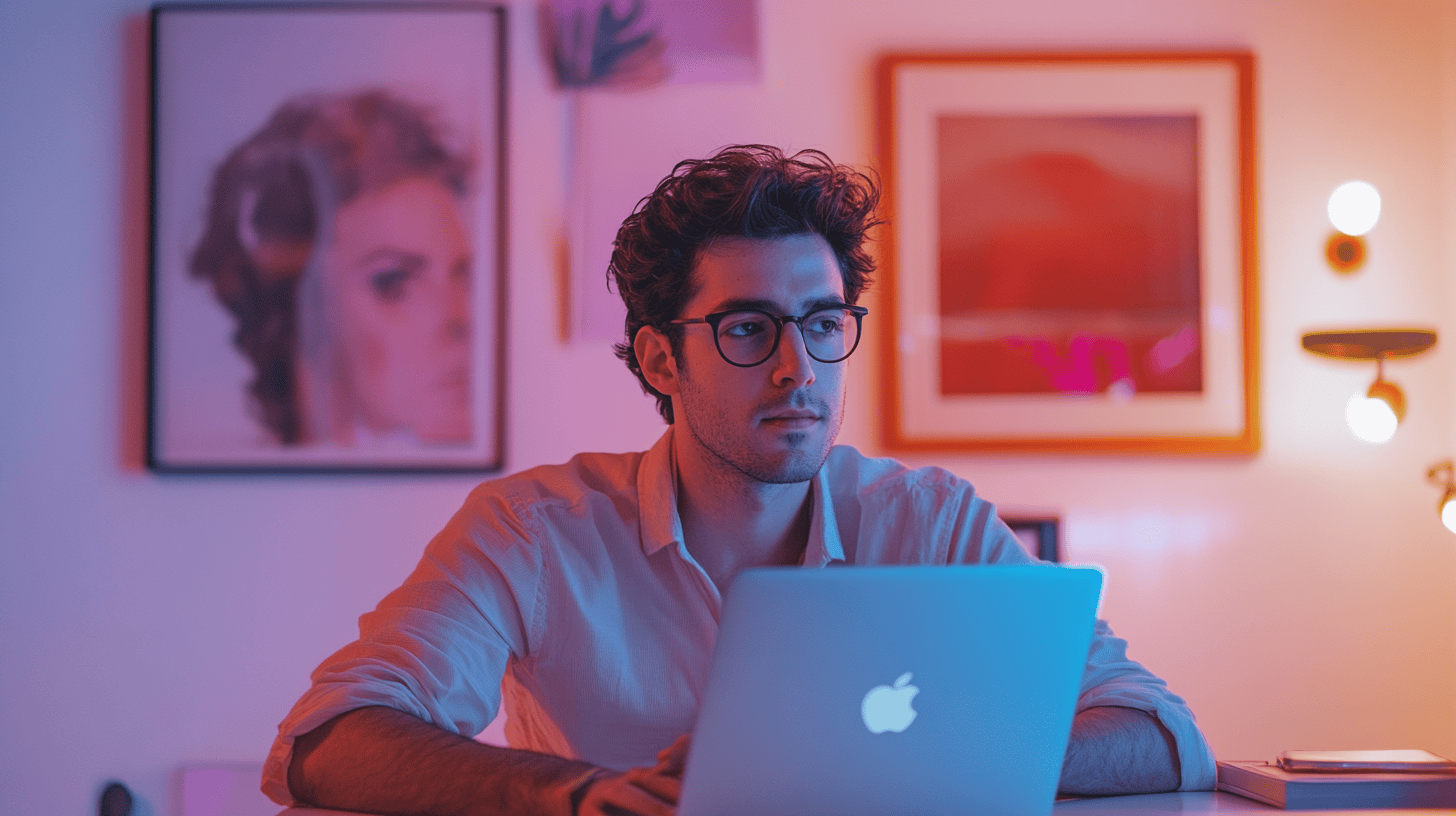 A young man with glasses sits at a desk, focused on a laptop, surrounded by colorful wall art and ambient lighting.