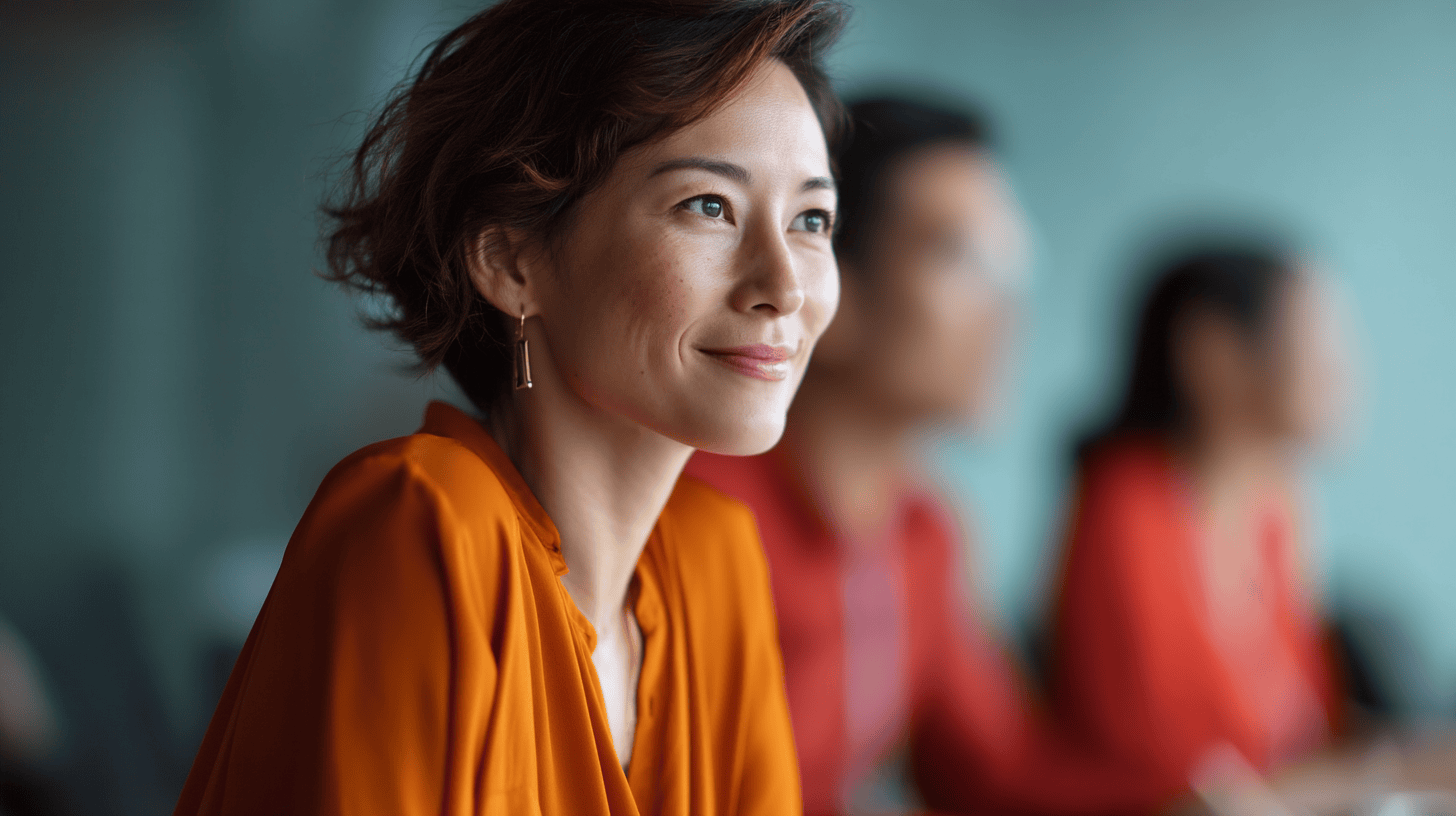 A smiling woman in an orange blouse sits in a meeting, with two blurred individuals in red tops in the background.