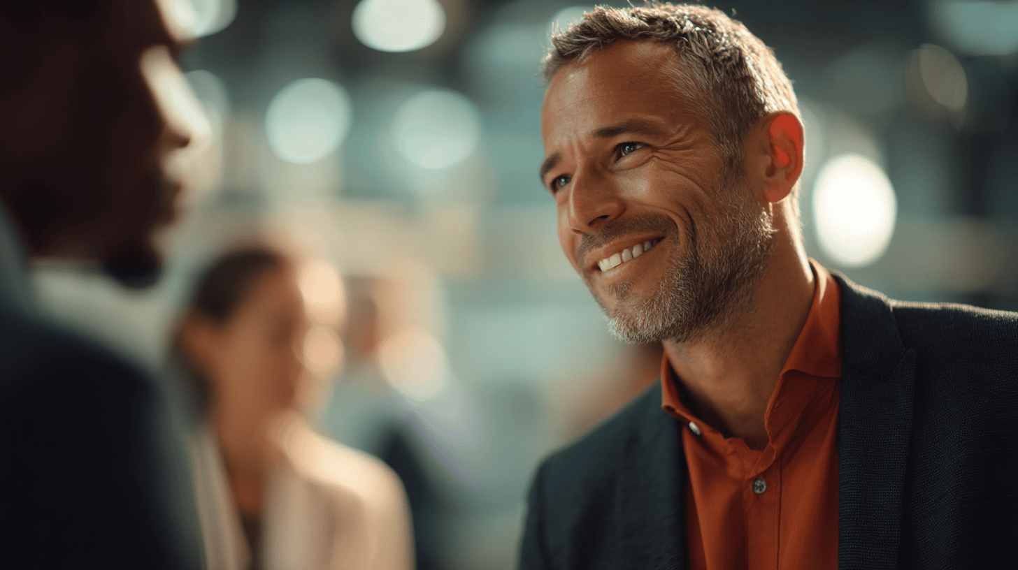 A smiling man with gray hair and a beard wears a dark blazer over an orange shirt, engaged in conversation.