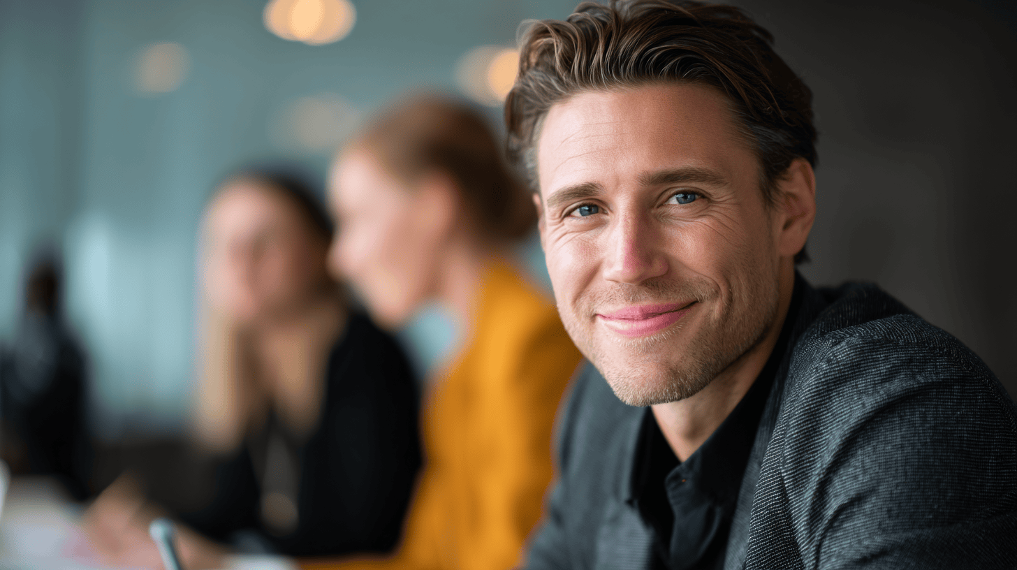 A smiling man in a suit sits in a meeting room, with two blurred colleagues in the background.