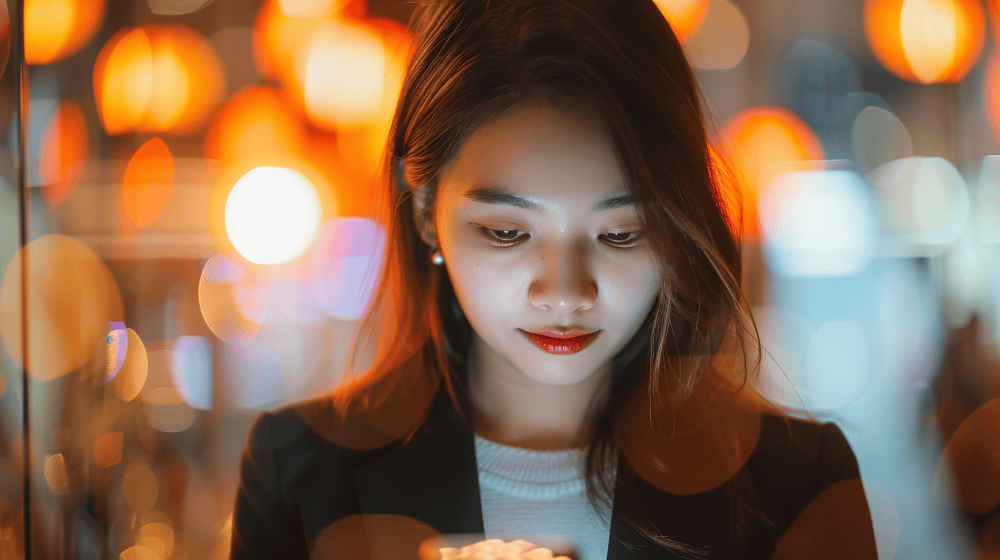A woman with long hair and a black blazer looks down at a smartphone, surrounded by warm, blurred lights.