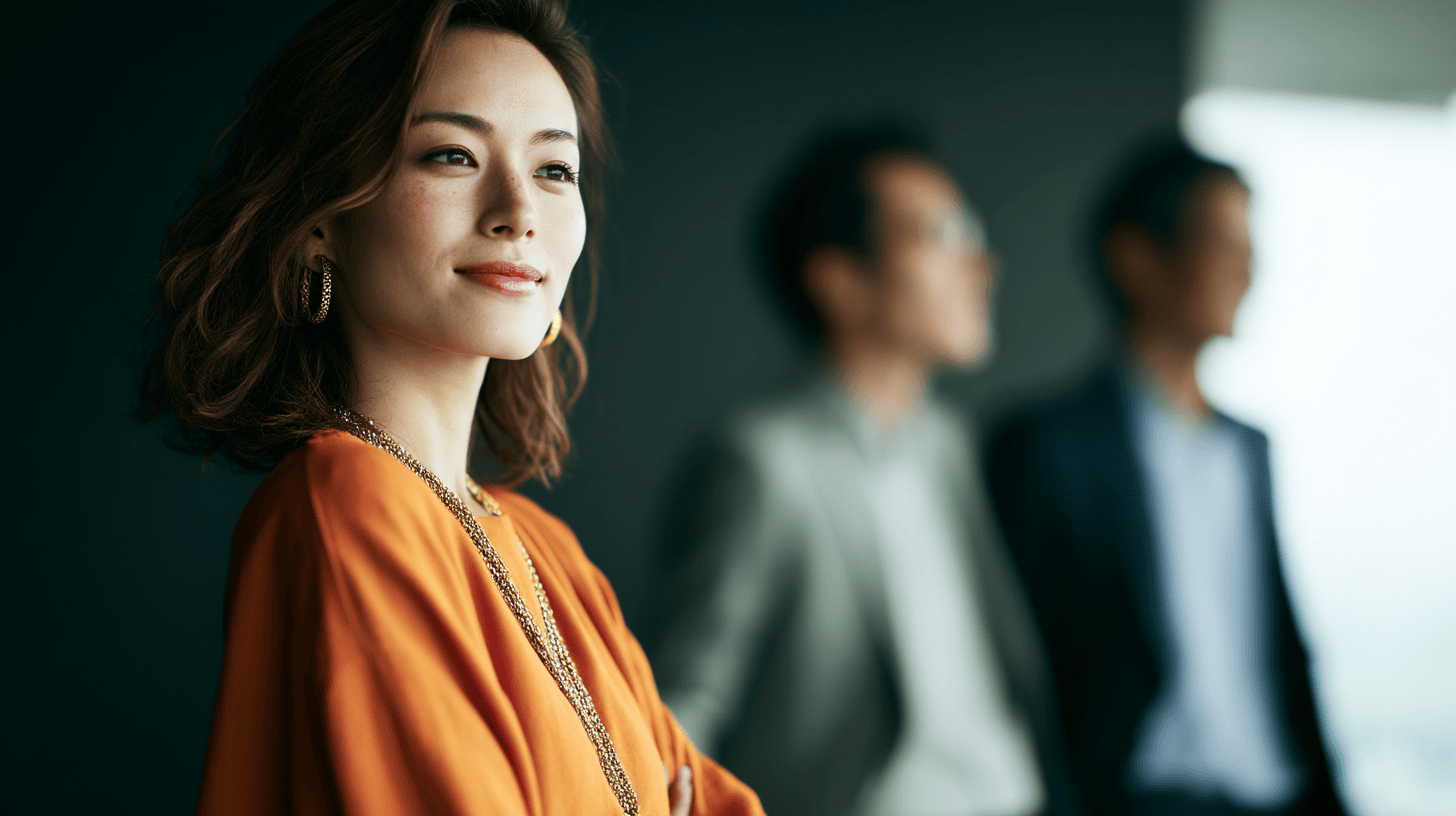 A woman in an orange top with accessories smiles, while two blurred figures stand behind her in a modern setting.