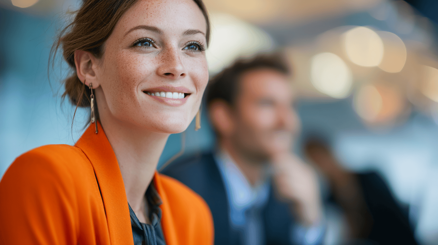 A smiling woman in an orange blazer, with freckles and earrings, sits in a blurred background with two people.