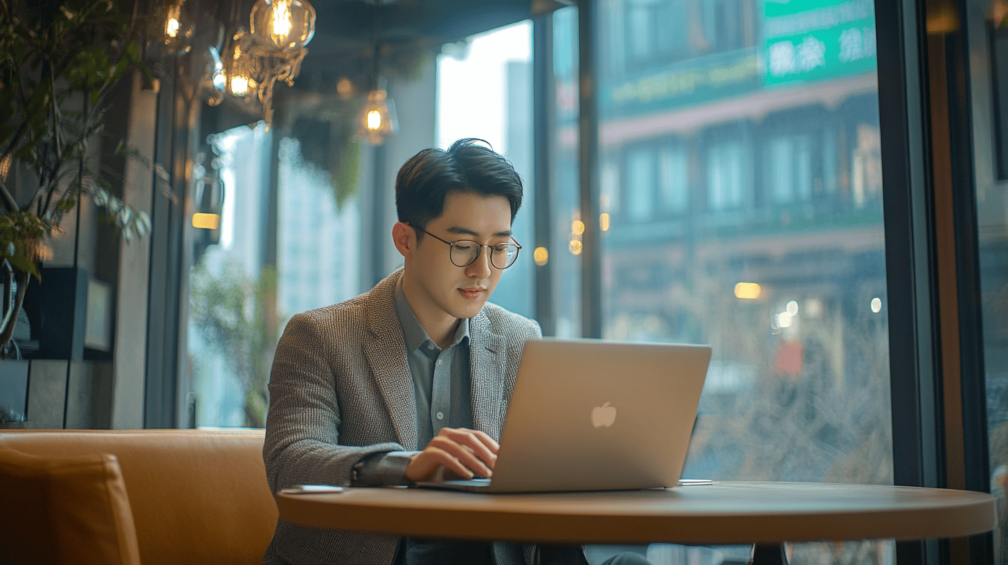 A man in a gray blazer works on a laptop at a table in a café, with large windows and soft lighting in the background.