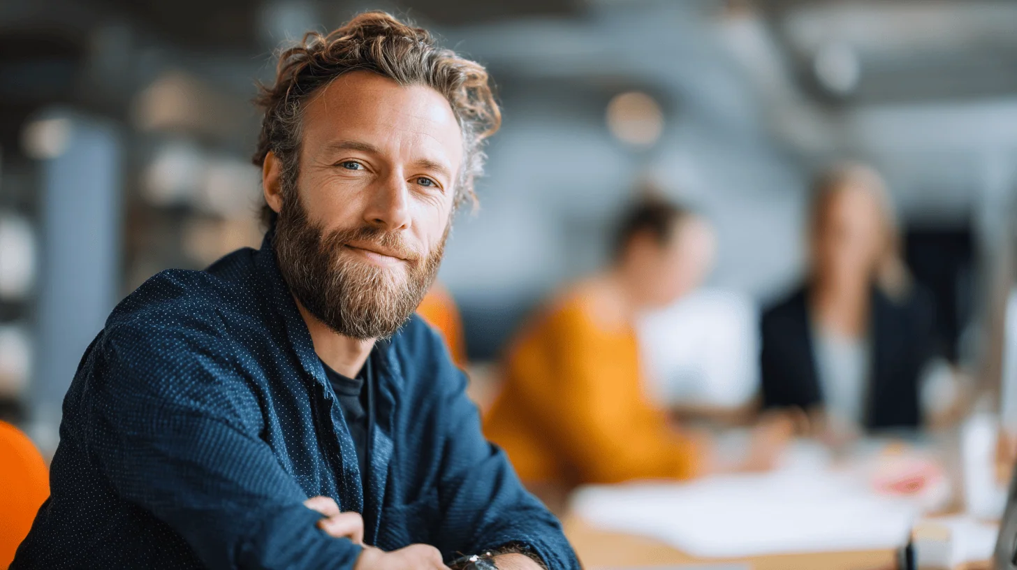 A smiling man with curly hair and a beard sits at a table, with blurred colleagues in a casual office setting.