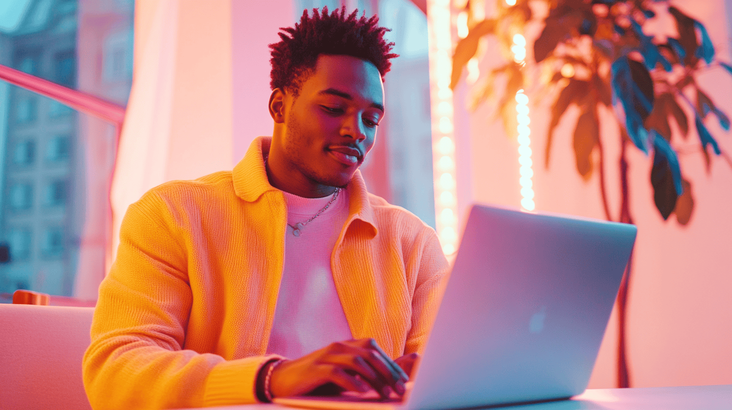 A young man in a yellow sweater works on a laptop in a brightly lit room with colorful backgrounds and a plant nearby.