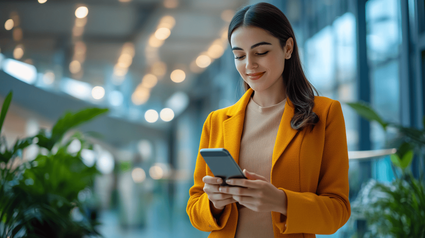 Smiling woman in a bright yellow coat looking at her smartphone, with plants and soft lighting in a modern setting.