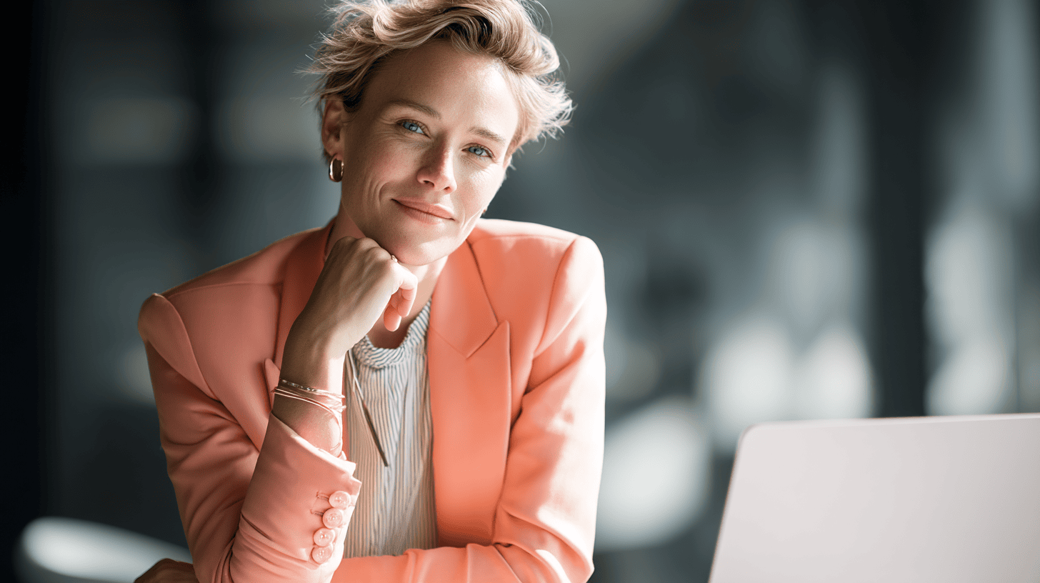 A smiling woman in a coral blazer rests her chin on her hand, sitting beside a laptop in a modern setting.