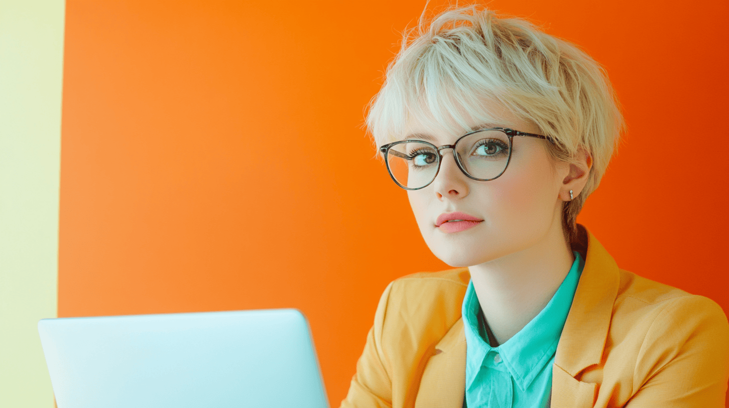 A young woman with short blonde hair and glasses sits at a laptop, with an orange and green background.